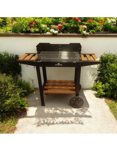 Wetterstein Tekerlekli Mangal , ahşap sehpalı ve raflı barbekü S model